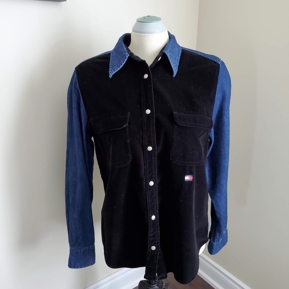 Vintage Tommy Hilfiger Velvet & Denim Snap Button Down Shirt Size 12 - Picture 10 of 10